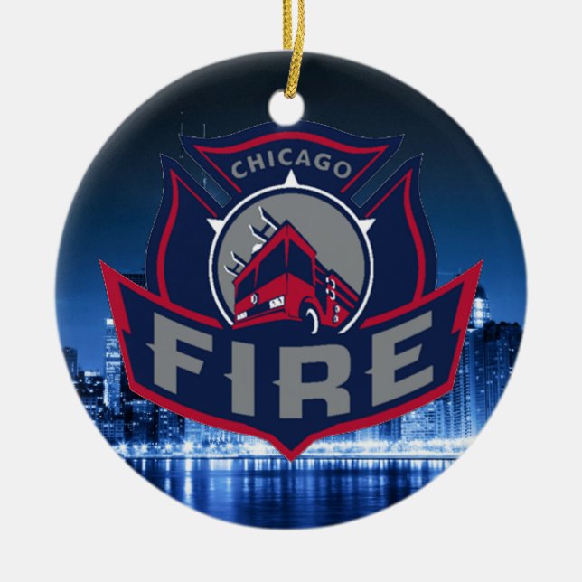 Chicago Fire With Skyline Ceramic Ornament (Front)