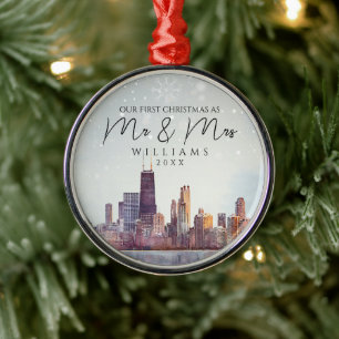 Chicago First Christmas As Mr & Mrs Wedding Metal Ornament