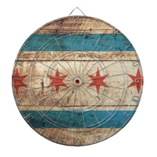 Chicago Flag on Old Wood Grain Dartboard