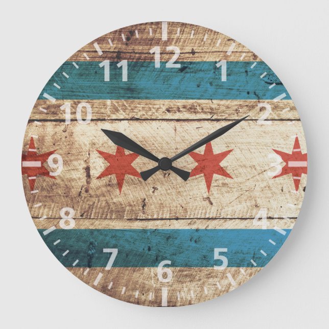 Chicago Flag on Old Wood Grain Large Clock (Front)