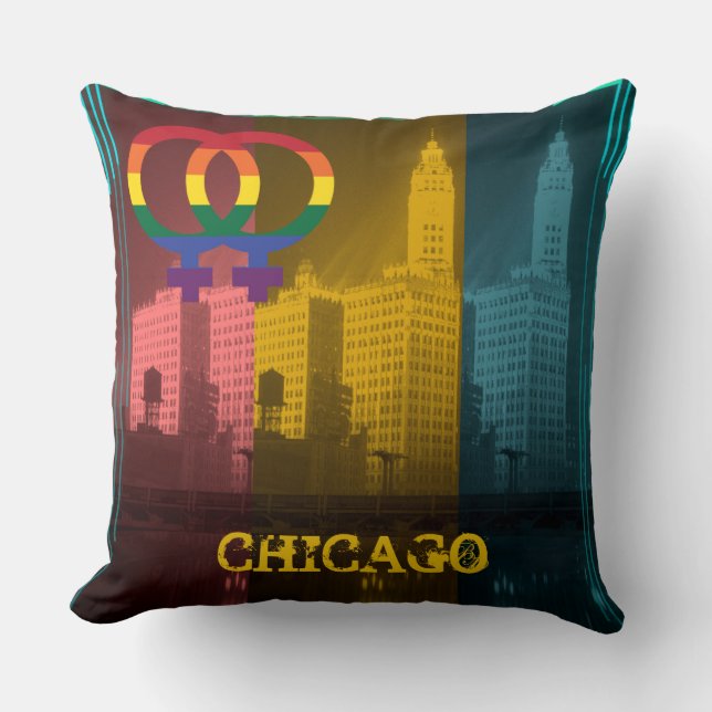 Chicago Gay Lesbian Interest Rainbow Wrigley Bldg Throw Pillow (Front)