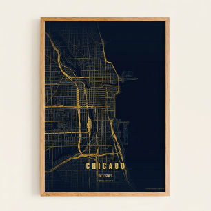 Chicago Golden Map Print Wall art Poster Gift Idea