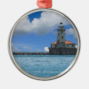 Chicago Harbour Lighthouse Painterly Metal Ornament