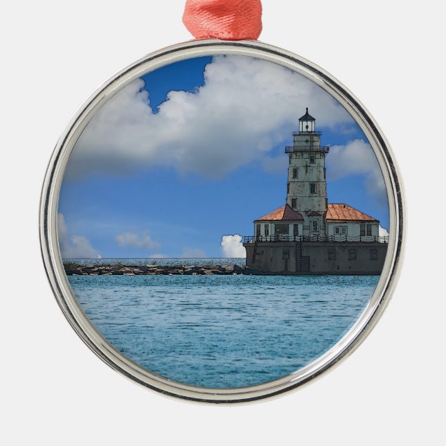 Chicago Harbour Lighthouse Painterly Metal Ornament (Front)
