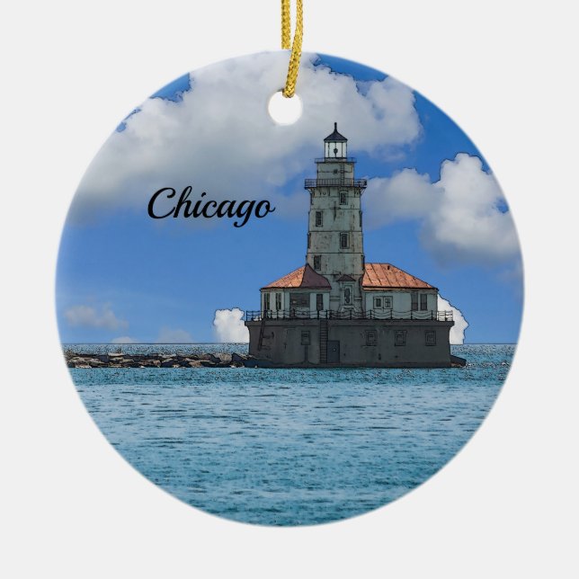 Chicago Harbour Lighthouse Painterly Ornament (Front)