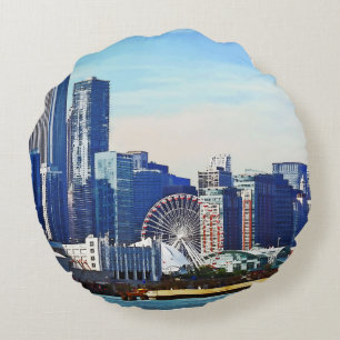 Chicago IL - Chicago Skyline and Navy Pier Round Pillow