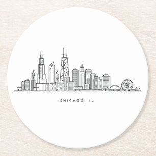 Chicago IL Cityscape Illustration Round Paper Coaster