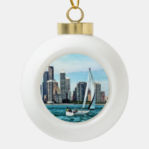Chicago IL - Sailboat Against Chicago Skyline Ceramic Ball Christmas Ornament