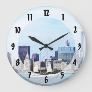 Chicago IL - Schooner Against Chicago Skyline Large Clock