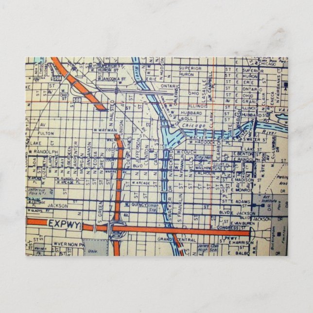 Chicago, IL Vintage Map Postcard (Front)