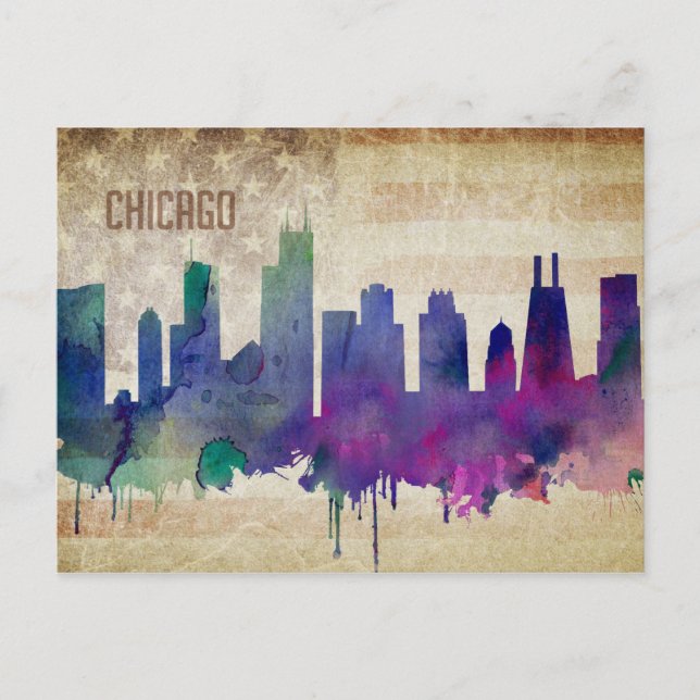 Chicago, IL | Watercolor City Skyline Postcard (Front)