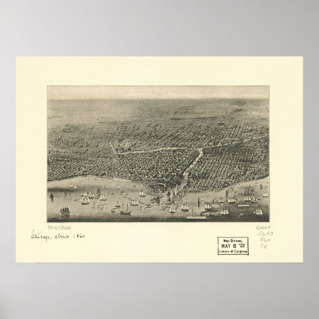 Chicago  Illinois 1860 Antique Panoramic Map Poster (Front)