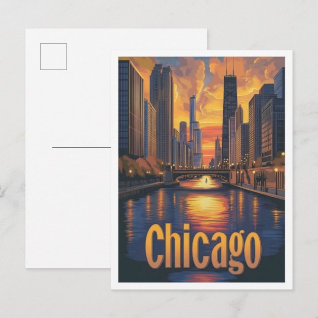 Chicago Illinois Art Vintage Travel Illustration Postcard (Front/Back)