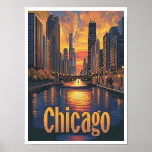 Chicago Illinois Art Vintage Travel Illustration Poster