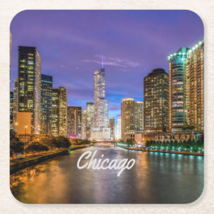 Chicago Illinois City At Night Square Paper Coaster