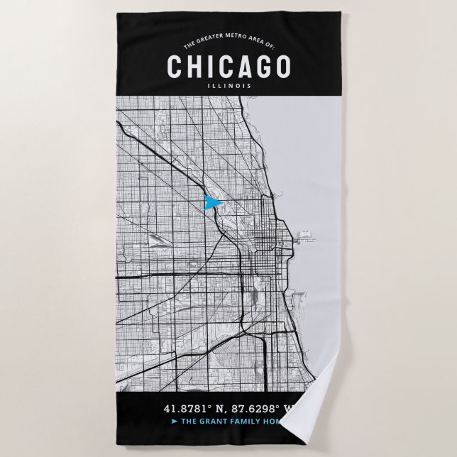 Chicago, Illinois City Map + Your Custom Location Beach Towel (Front)