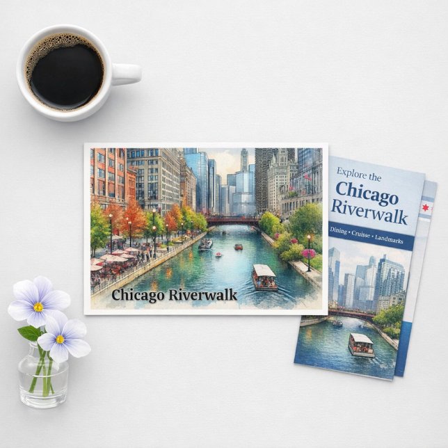 Chicago Illinois City River Postcard (Chicago Riverwalk postcard urban charm, autumn color, and skyline magic in every detail)