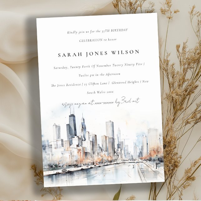 Chicago, Illinois City Scape Watercolor Birthday Invitation (Creator Uploaded)