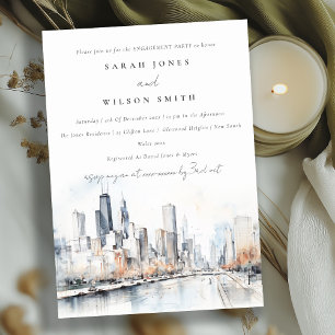 Chicago, Illinois City Scape Watercolor Engagement Invitation