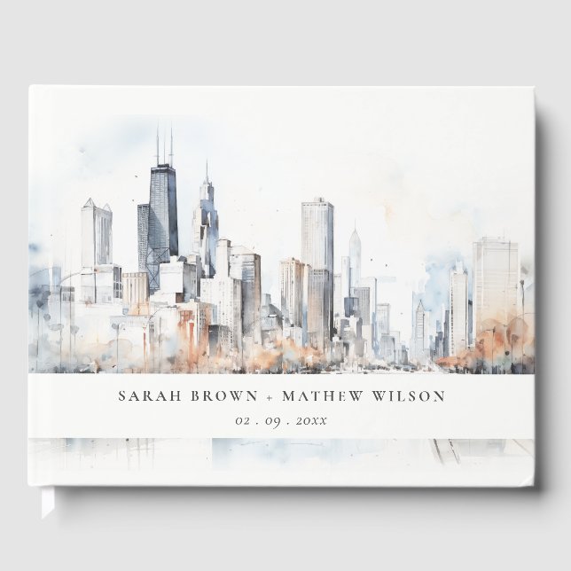 Chicago, Illinois City Scape Watercolor Wedding Guest Book (Front)