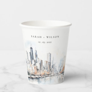 Chicago, Illinois City Scape Watercolor Wedding Paper Cups
