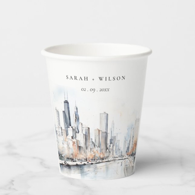 Chicago, Illinois City Scape Watercolor Wedding Paper Cups (Front)
