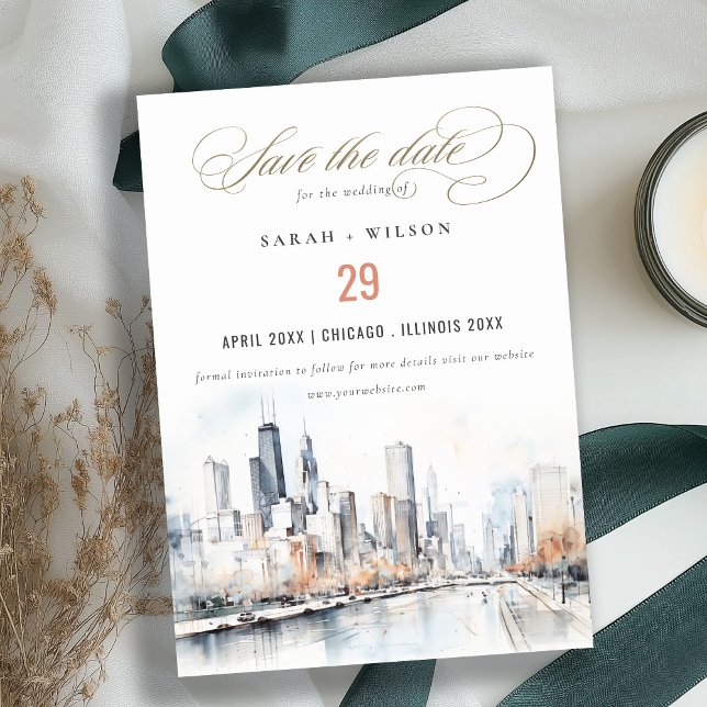 Chicago, Illinois City Scape Watercolor Wedding Save The Date (Creator Uploaded)