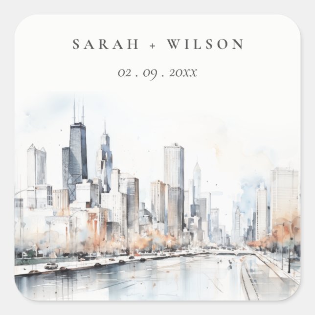 Chicago, Illinois City Scape Watercolor Wedding Square Sticker (Front)