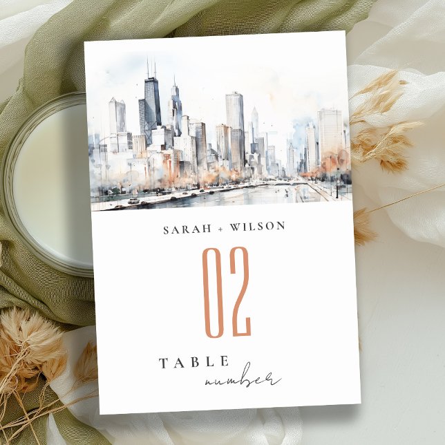 Chicago, Illinois City Scape Watercolor Wedding Table Number (Creator Uploaded)