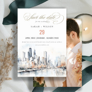 Chicago, Illinois Scape Watercolor Photo Wedding Save The Date