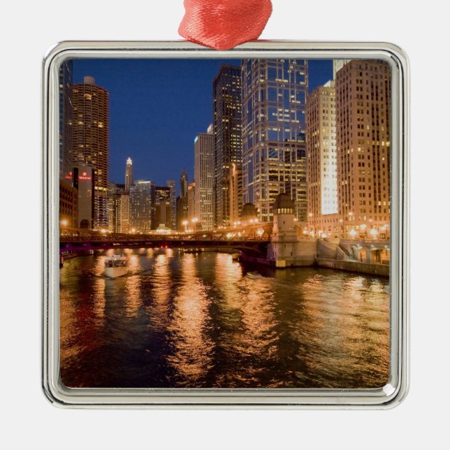 Chicago, Illinois, Skyline and Chicago River at 2 Metal Ornament (Front)