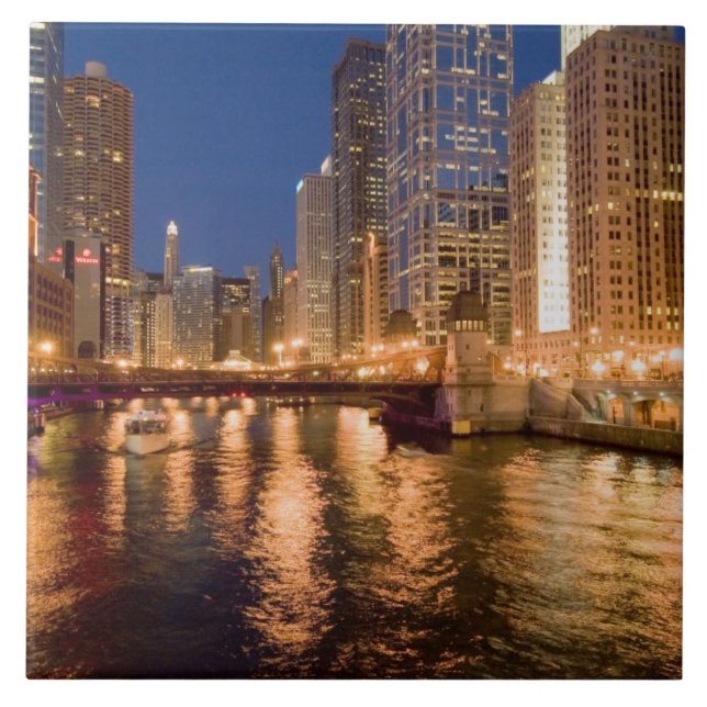 Chicago, Illinois, Skyline and Chicago River at 2 Tile (Front)
