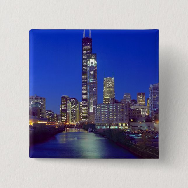 Chicago, Illinois, Skyline at night with Chicago 2 Inch Square Button (Front)