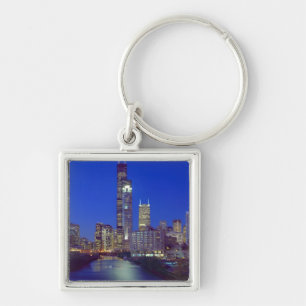 Chicago, Illinois, Skyline at night with Chicago Keychain