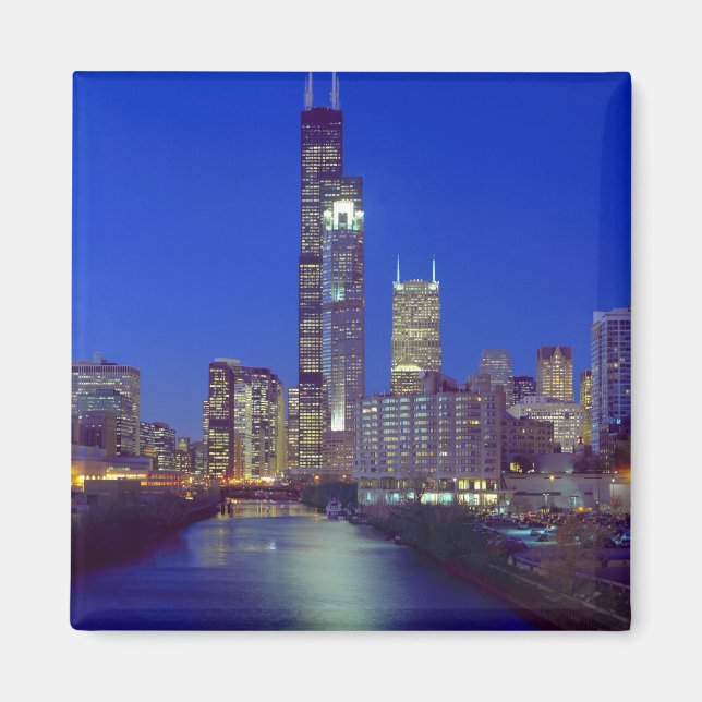 Chicago, Illinois, Skyline at night with Chicago Magnet (Front)