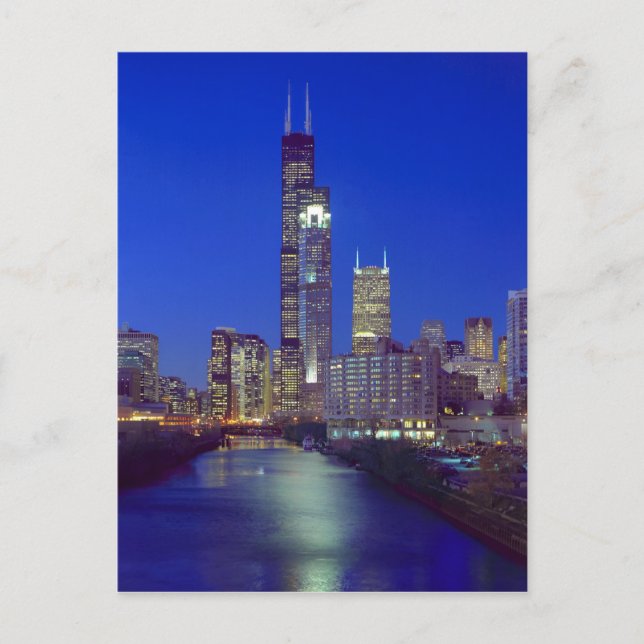 Chicago, Illinois, Skyline at night with Chicago Postcard (Front)
