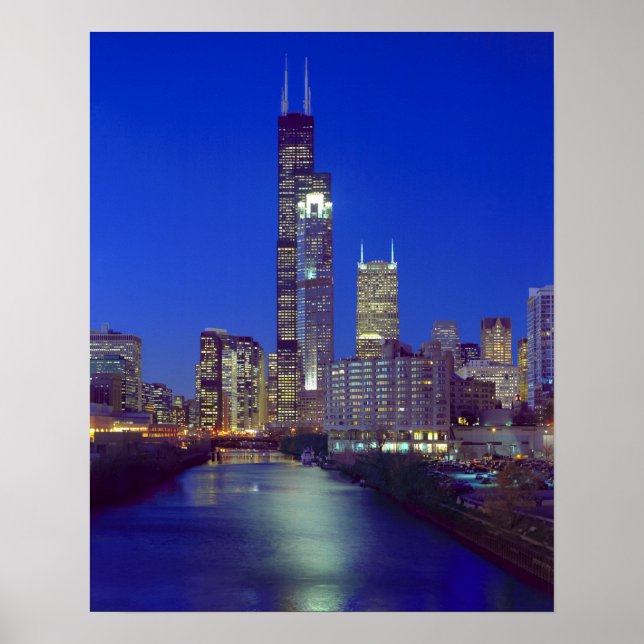 Chicago, Illinois, Skyline at night with Chicago Poster (Front)
