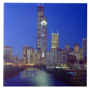 Chicago, Illinois, Skyline at night with Chicago Tile