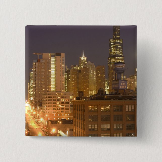Chicago, Illinois, Skyline from West Loop at 2 Inch Square Button (Front)