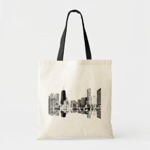 Chicago, Illinois skyline in black ink Tote Bag