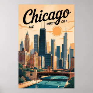 Chicago Illinois Skyline Travel Art Vintage Poster