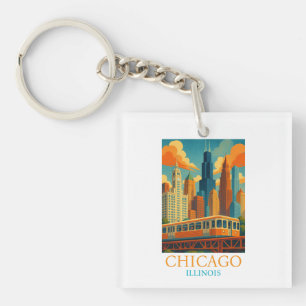 Chicago Illinois Skyline Vintage Art Travel Keychain