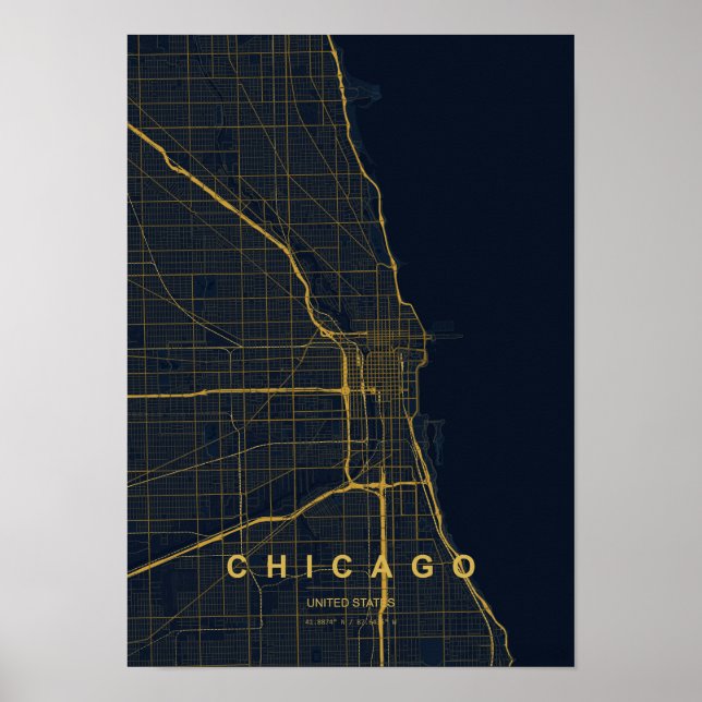 Chicago Illinois Stylized Map Print | Modern Highl (Front)