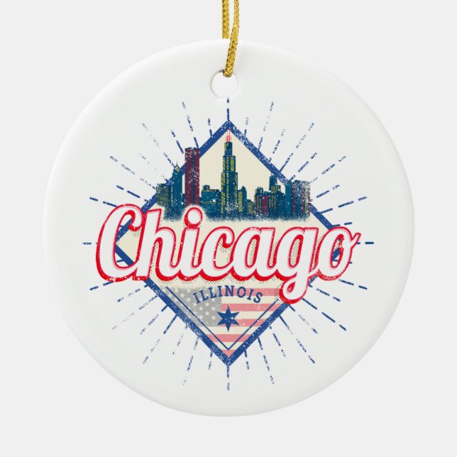 Chicago Illinois United States Retro Skyline USA Ceramic Ornament (Front)