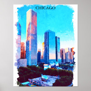 Chicago Illinois Watercolor Illustration Poster
