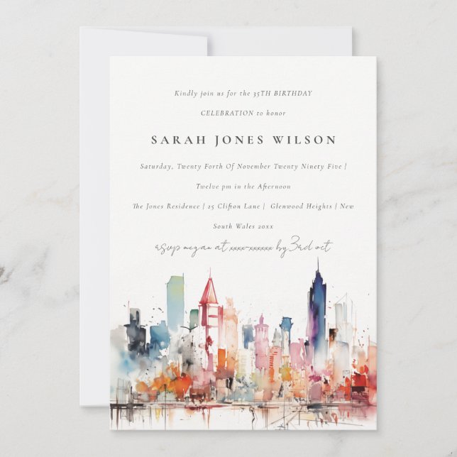 Chicago Illinois Watercolor Landscape Birthday Invitation (Front)