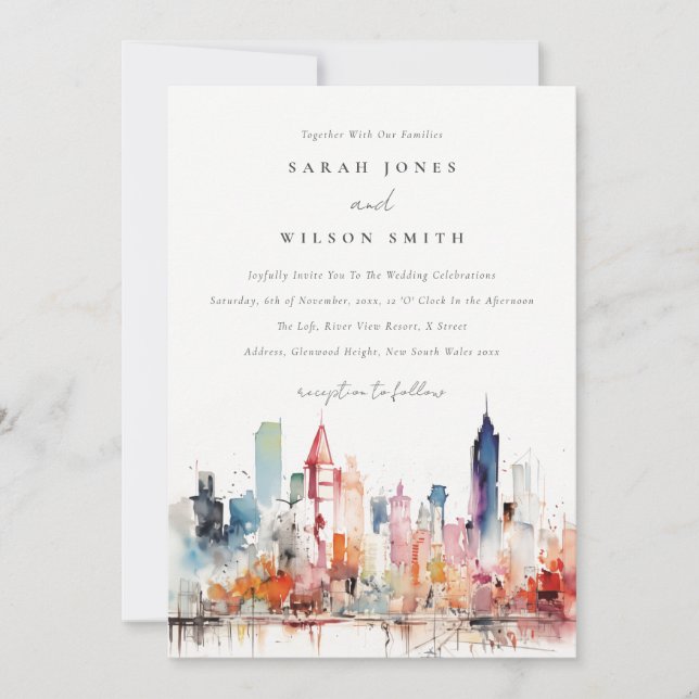 Chicago Illinois Watercolor Landscape Wedding Invitation (Front)