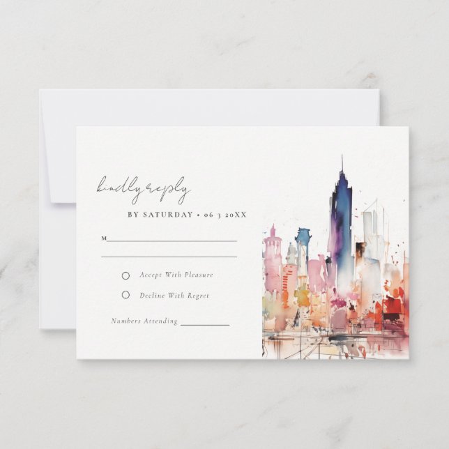 Chicago Illinois Watercolor Landscape Wedding RSVP Card (Front)