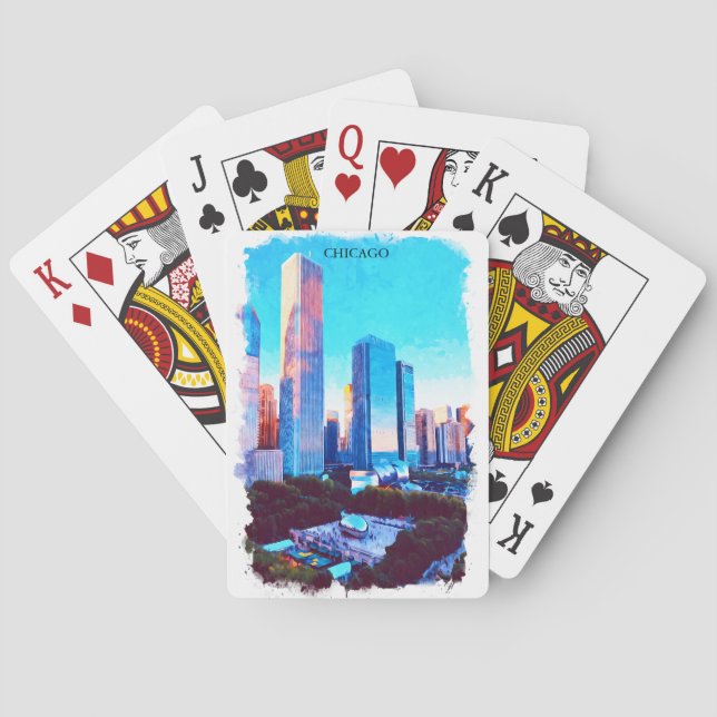 Chicago Illinois Watercolor Paint Illustration Playing Cards (Back)