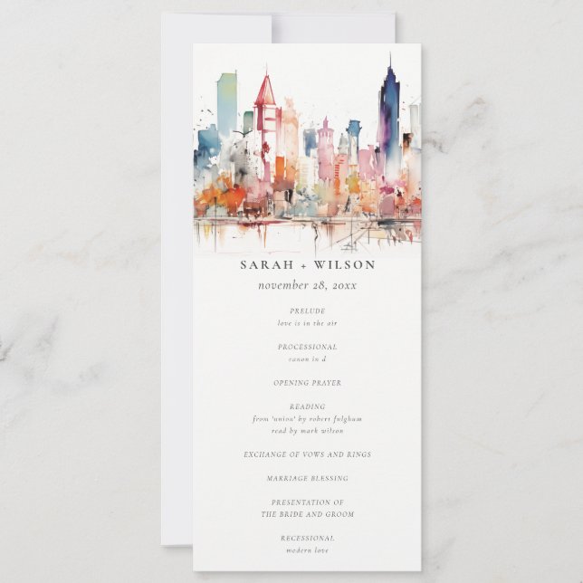 Chicago Illinois Watercolor Scape Wedding Program (Front)